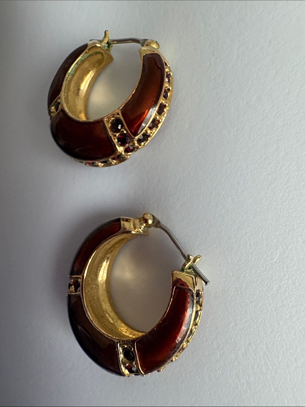 Vintage Enamel Earrings with Dark Ruby color Stones and Gold Finish - Picture 3 of 10